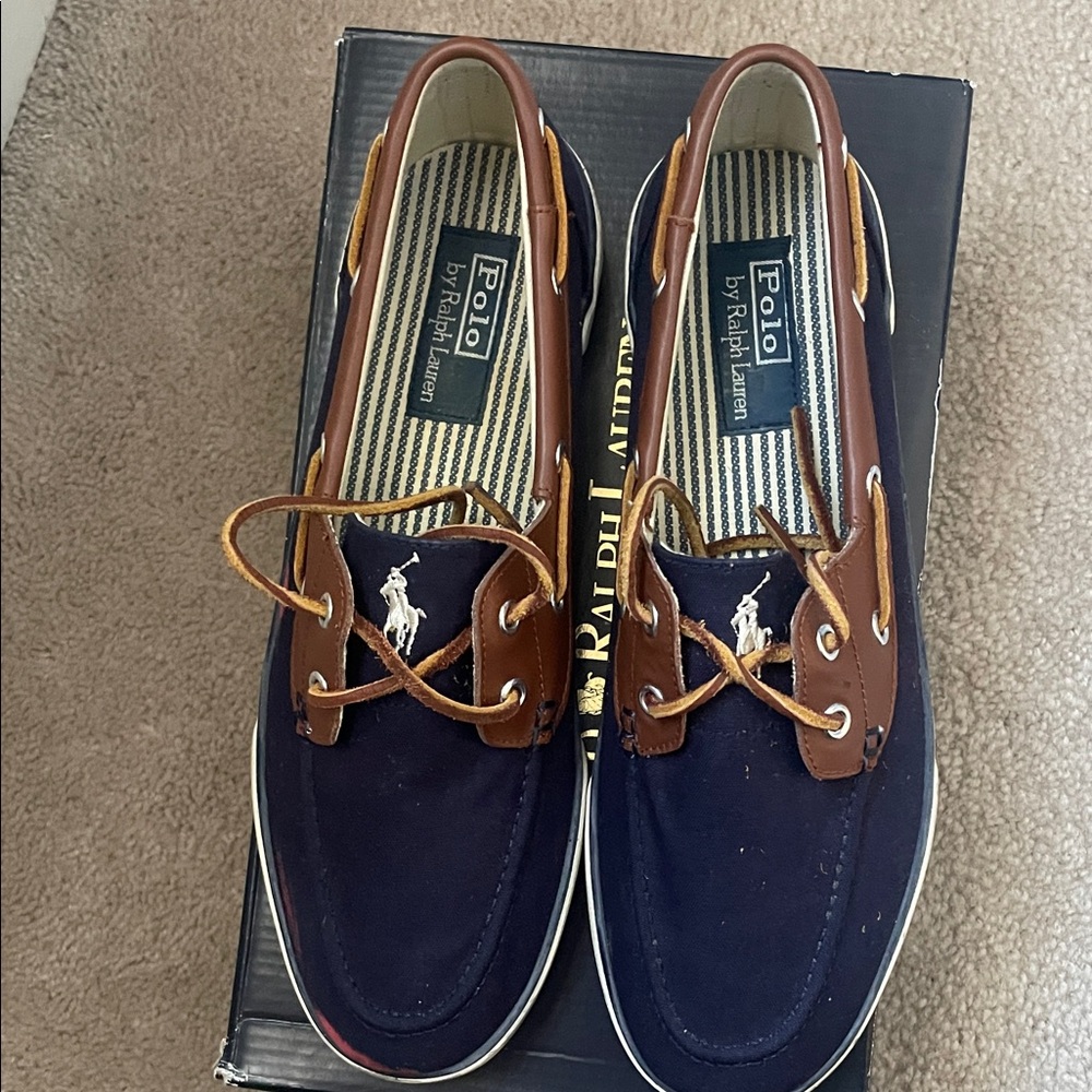 Polo by Ralph Lauren Navy and Tan Boat Shoes